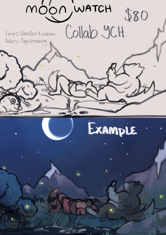 a 2 person stargazing collab ych set in a valley surrounded by mountains and a finished example. Text on the upper image reads:
Moon Watch
Collab YCH
$80
Lines: dwellerkraken
Colors: Squisheebug (me)
[end text]
The lower image has the word "example" on it in all caps.