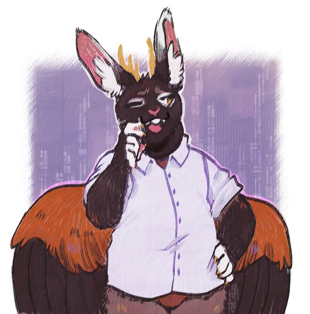 a black and brown and white jackalope with big brown and black wings is scratching his face with one hand, the other on his hip. He looks a little like he's trying to figure out the answer to a question that caught him off guard or feels awkward.