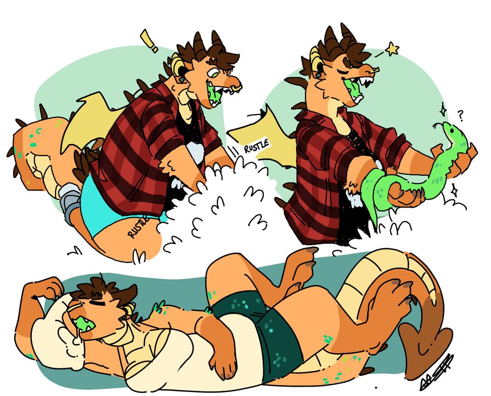 an mspaint doodle page of an orange dragon girl with three doodles. the first two are connected, in which she is kneeling and rustling through a bush excitedly before proudly pulling out a green snake that is confused. the third doodle is her sleeping in a twisted position sort of like a cat