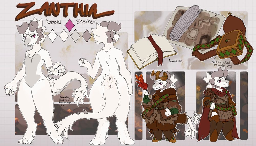 a reference sheet that shows off a front and back of the white and grey-brown kobold girl with two outfits and 3 items. The outfits show her work outfit, a multi layered fantasy/rpg inspired fur outfit to help with the cold and damp underground, the second outfit is more armor/outside clothes. The items are a book, maps and papers, and a bag shown in both outfits. Text reads: Zanthia, kobold, she/her; arm and leg peach fuzz from shaven fur; work log (with an arrow towards the book); doubles as belt and shoulder bag (with an arrow towards the bag)[end text]