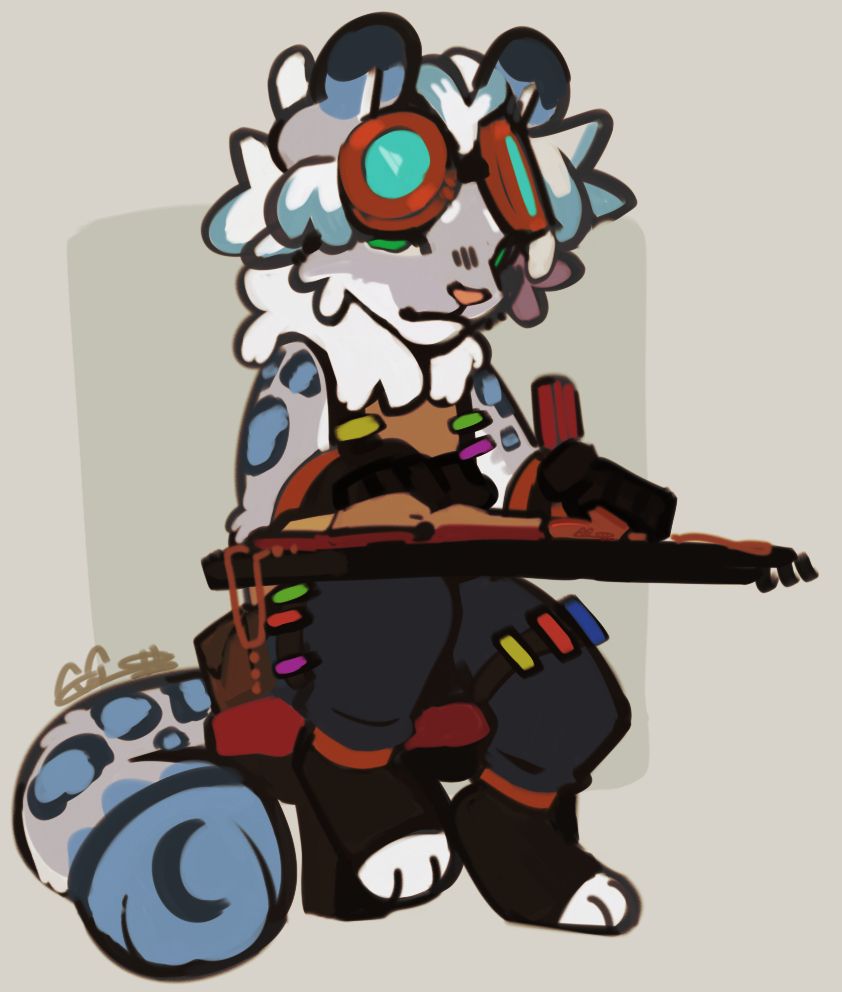 a femboy snow leopard tinkering with some sort of device while looking at a manual. The lighting is warm 