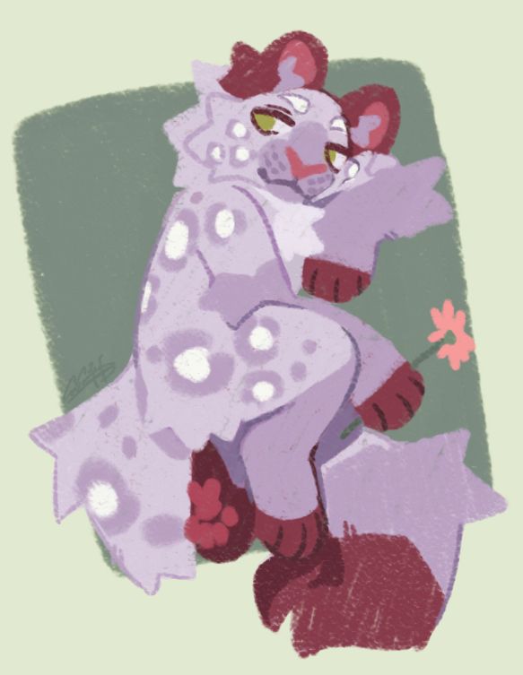 a grey and red snow leopard floating as if sitting, resting their head on one arm, the other holding a pink flower