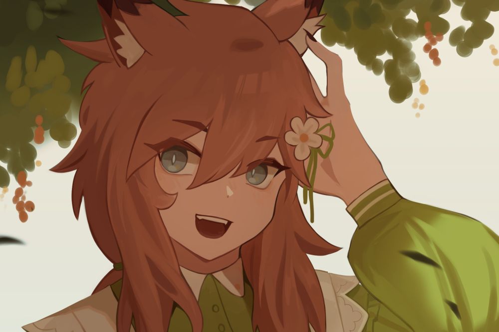 Digital illustration of an original character named Kale. He is looking at the camera with a happy expression and his hand in his hair, behind a flower accessory he wears in his hair. In the background is a canopy of leaves.
