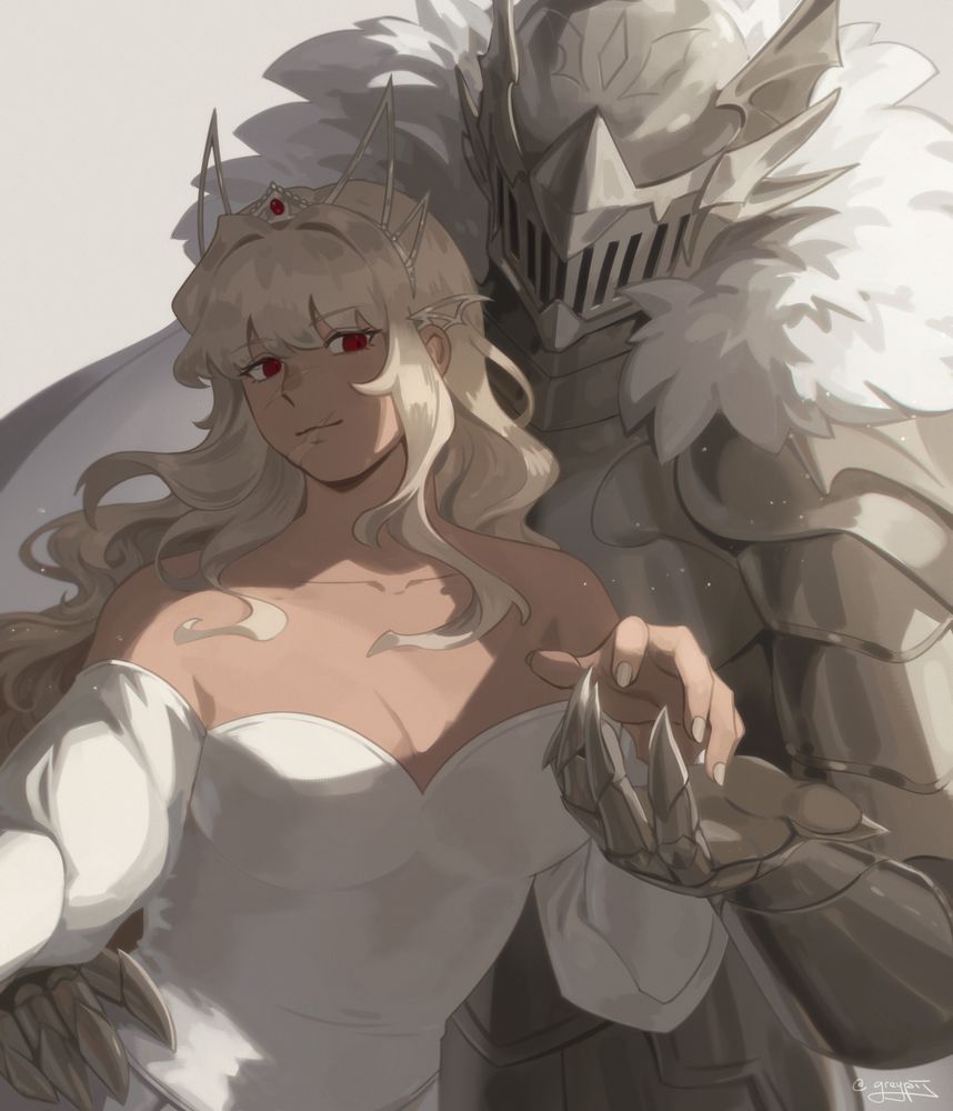 Digital illustration of Cassia and Minerva (OCs). 

Cassia leans slightly towards Minerva, a palm hovering over the knight's gauntlet. Minerva stands behind her protectively, one hand around the princess' waist and the other held out to receive her hand. They lesbain.