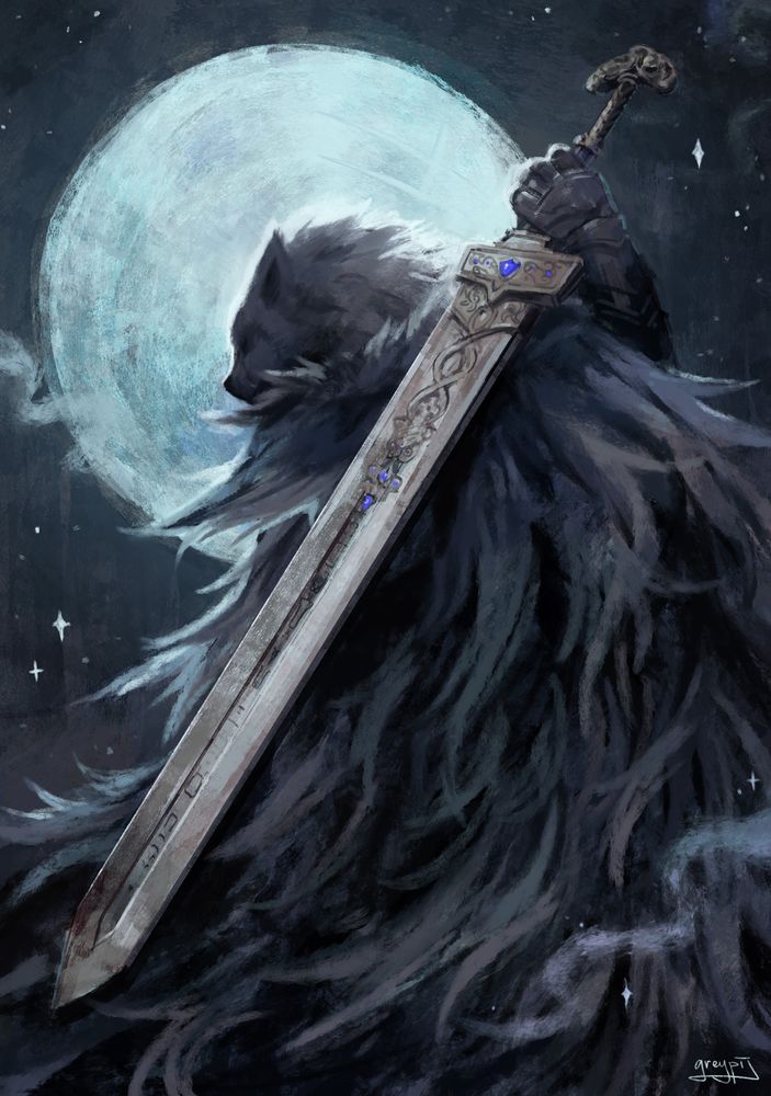 Digital illustration of Blaidd (Elden Ring), painted using rough textured brushes. Blaidd is holding his Royal Greatsword across his back. A large moon in the background frames his head. 

The majority of brushes used in this artwork are from the Thick coating Brush Set (厚塗りブラシセット) on the Clip Studio asset store (content ID: 1683127).
