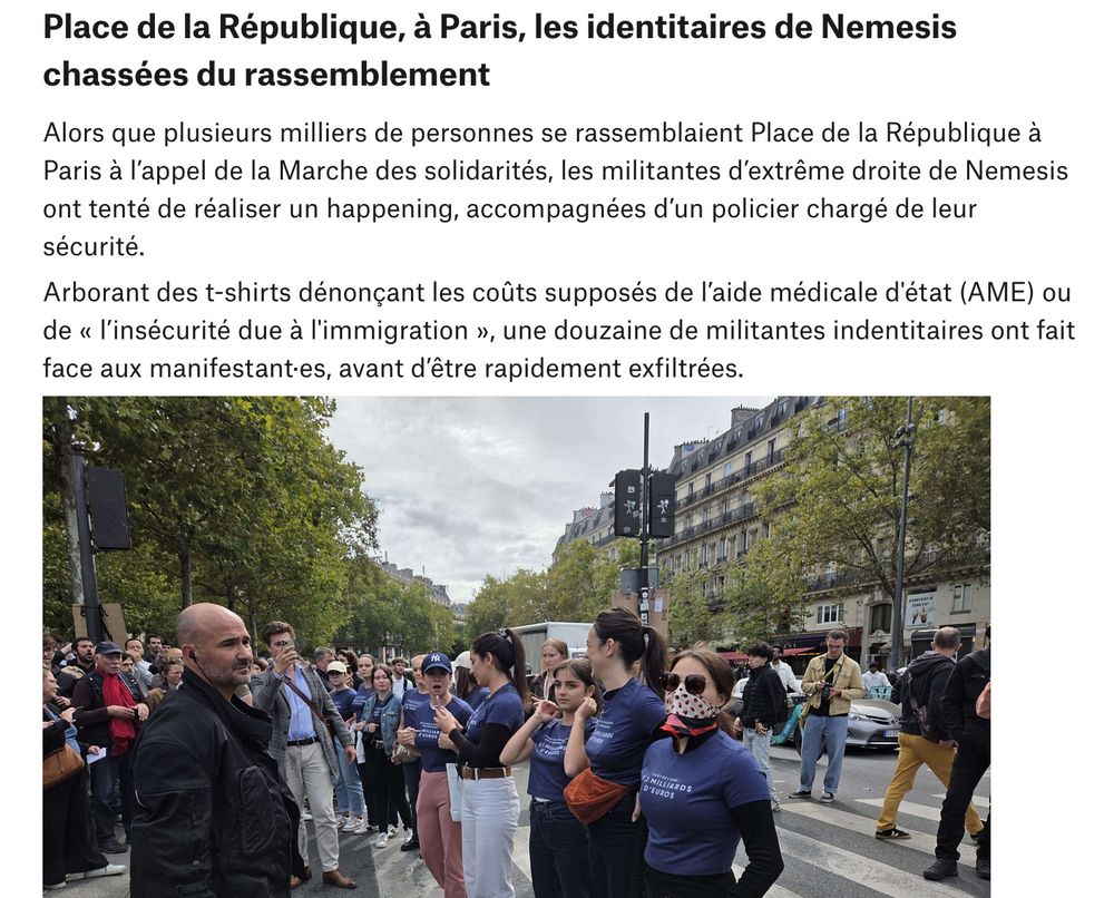 Copie d'un article Médiapart. Un policier protège des militantes identitaires de Nemesis qui voulait faire un happening fasciste et raciste.