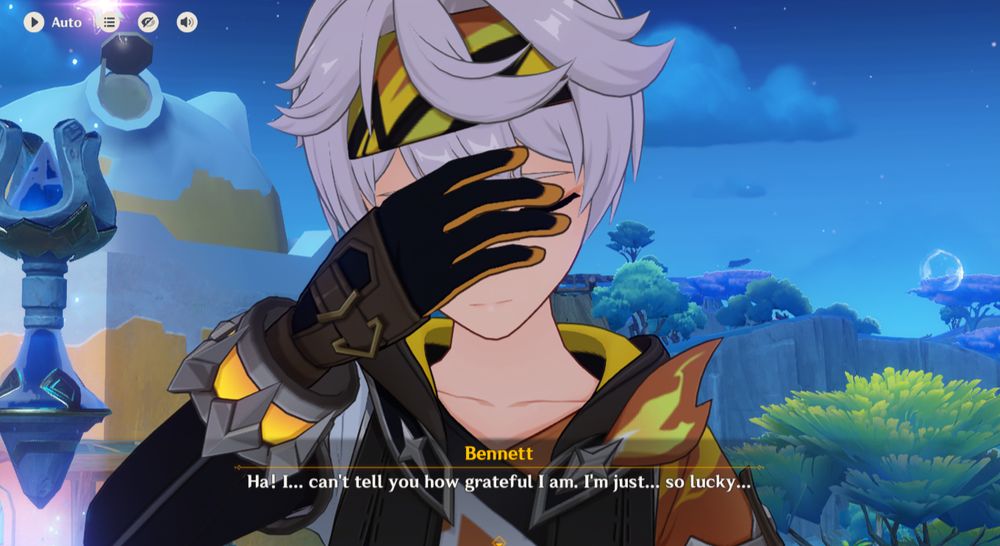 Scene from Genshin Impact 5.8 summer event, Bennett says "Ha! I... can't tell you how grateful I am. I'm just.. so lucky..."