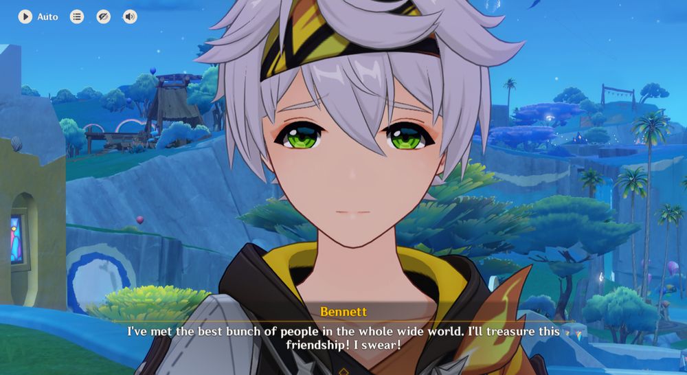 Scene from Genshin Impact 5.8 summer event, Bennett says "I've met the best bunch of people in the whole wide world. I'll treasure this friendship! I swear!"