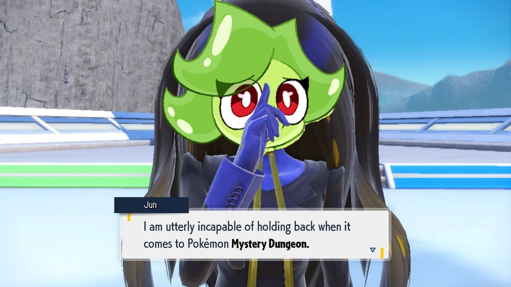 a crude silly image edit of a Pokemon Violet screenshot, where I pasted my face over Geeta, and edit the textbox to say "I am utterly incapable of holding back when it comes to Pokémon Mystery Dungeon."