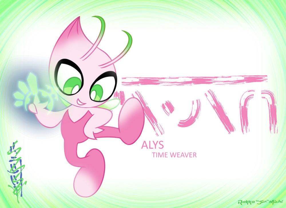 In front of a grassy time vortex backdrop, a pink celebi floats confidently, a time-controlling dial at her fingertips. She is, as the text label says, "Alys, the Time Weaver". Her name is also shown in Mystdian script (a conlang for my PMD setting). To the side, her deadname crossed-out.