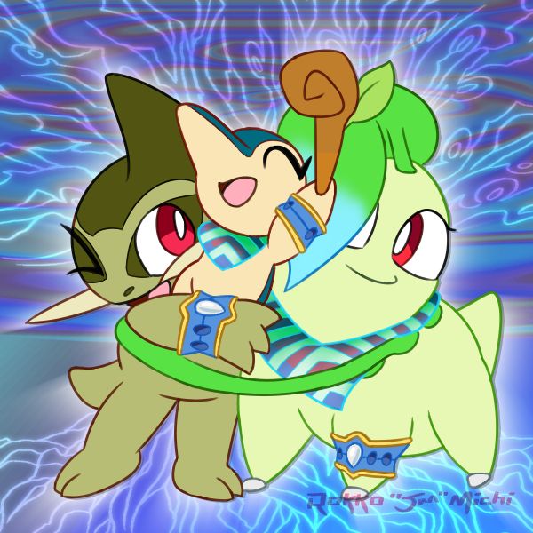 In front of a backdrop with the Tree of Life, the trio from Serene Village, Team Ultra, pose. Daigo, a Chikorita with a leaf dyed blue, and Gomora, a fit Axew, hug and lift up Madoka, a tiny Cyndaquil! Madoka is holding up a Wand, and all of them are wearing Looplets. In addition, Madoka & Daigo's Harmony Scarves are glowing iridescently.