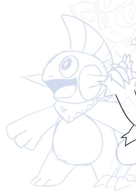 a sketch from an in-progress team group artwork, cropped to show Marshtomp the Marshtomp's part of the art! He's got a wide stance, arms splayed in excitement, with a smile to match!