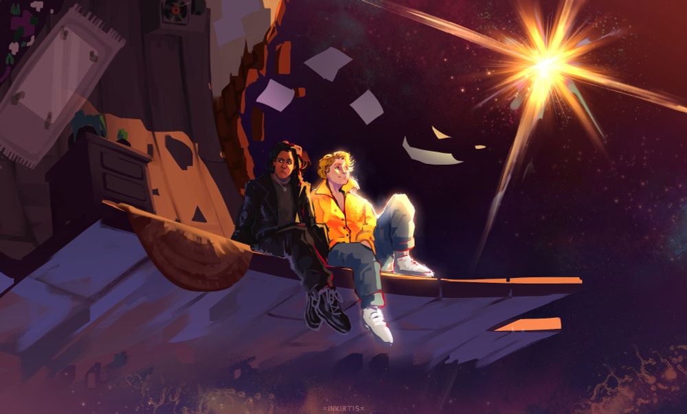Ed and Stede sit on a curved platform overlooking space, with a flaring star in the background. Behind them on the platform is a living room. Ed is wearing a leather jacket, jeans, and leather boots, while Stede wears a bright yellow button down, jeans, and sneakers. 