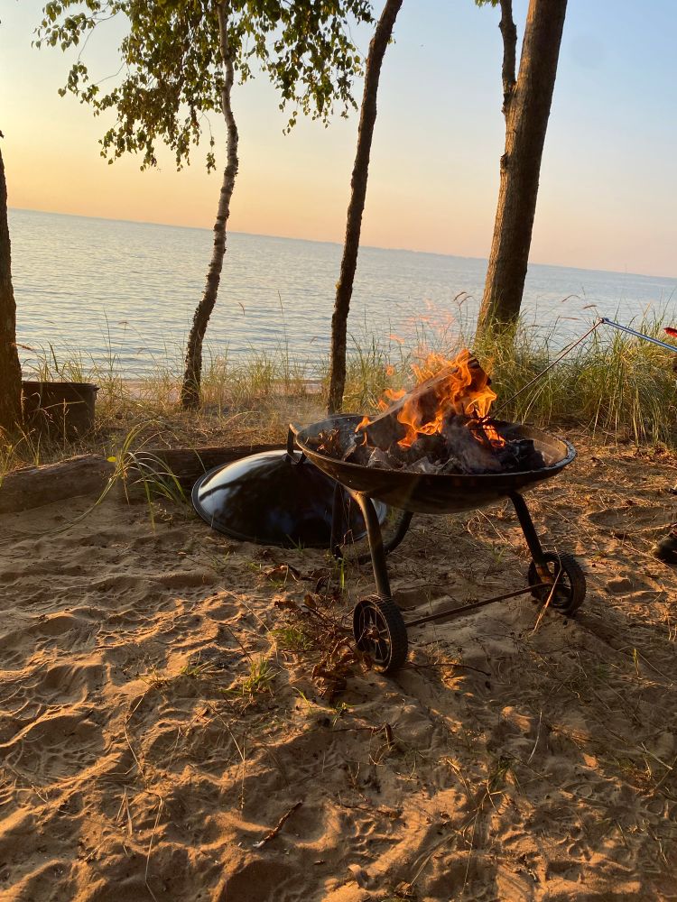 A campfire in a barbecue pit over looking a lake.