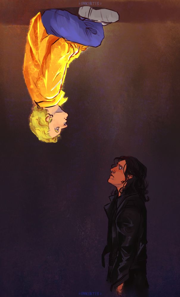 A drawing of a young Ed and Stede. Ed is standing upright, while Stede is sitting crosslegged on the ceiling.