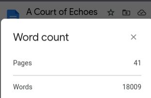 Screen shot of a Google Doc
Title: A Court of Echoes
Pages: 41
Words: 18009