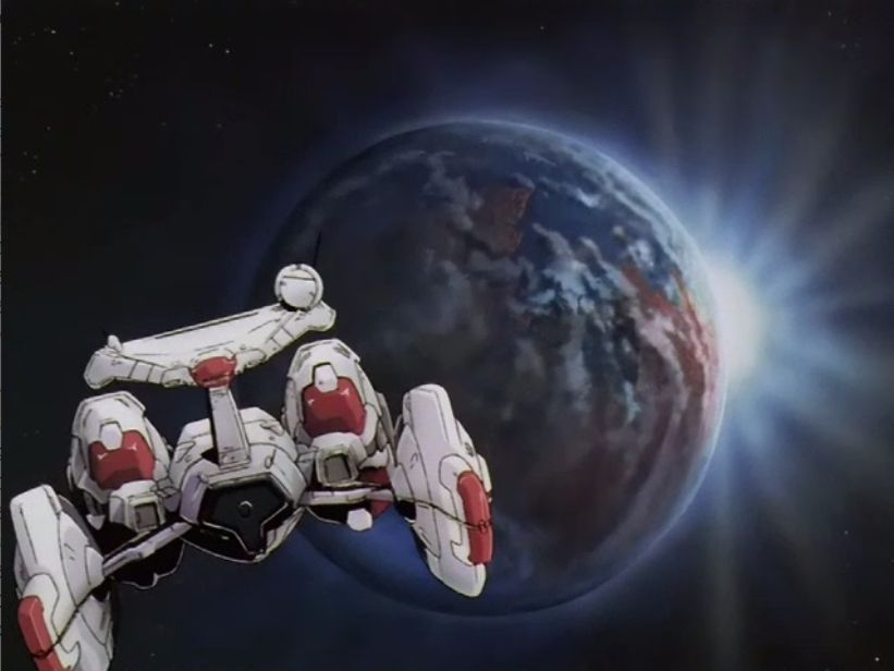 Anime spaceship in front of Earth.