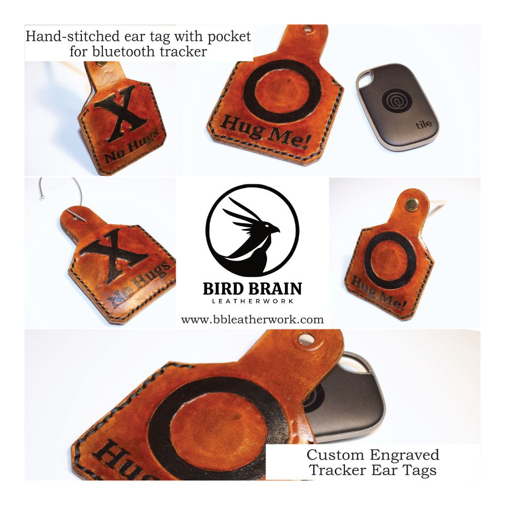 A Photo Collage of a Custom Engraved Critter Tracker Ear Tag for use on fursuits and critters who want to be tracked. The Text Reads:

Custom Engraved Tracker Ear Tags
Hand-stitched ear tag with pocket for bluetooth tracker
Bird Brain Leatherwork
www.bbleatherwork.com.

These tags can have their leather color, stitching color and other details customized to say exactly what you want. each tag can hold a bluetooth tracker like a tile pro or airtag to maximize that critter feel or keep track of things like your fursuit head. 

Hardware mounting options can include a metal pin to "pierce" a fursuit ear or a earrring loop to sit comfortable on a human ear.