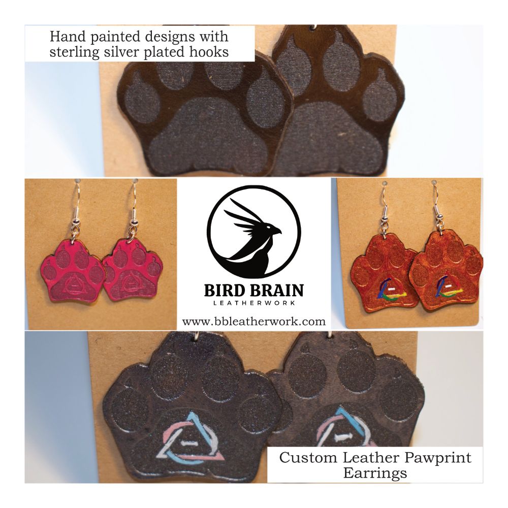 A Photo Collage of custom paw print earrings depicting various colors and designs including pride colored therian symbols. The Text Reads:

Custom Leather Pawprint Earrings
Hand-painted designs with sterling silver plated hooks
Bird Brain Leatherwork
www.bbleatherwork.com.