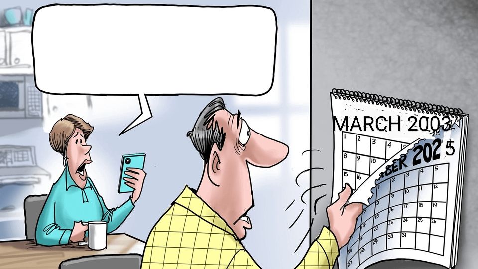 Man turning back the calendar in horror to March 2003