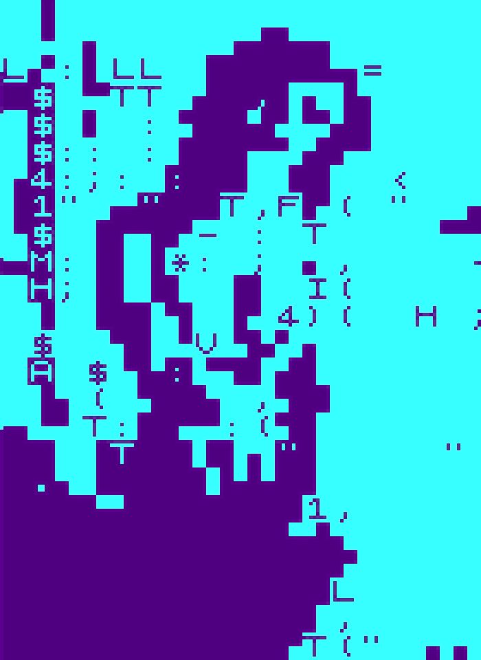 A blue and teal ASCII image of a busty woman sitting with her hands resting on her crossed legs.