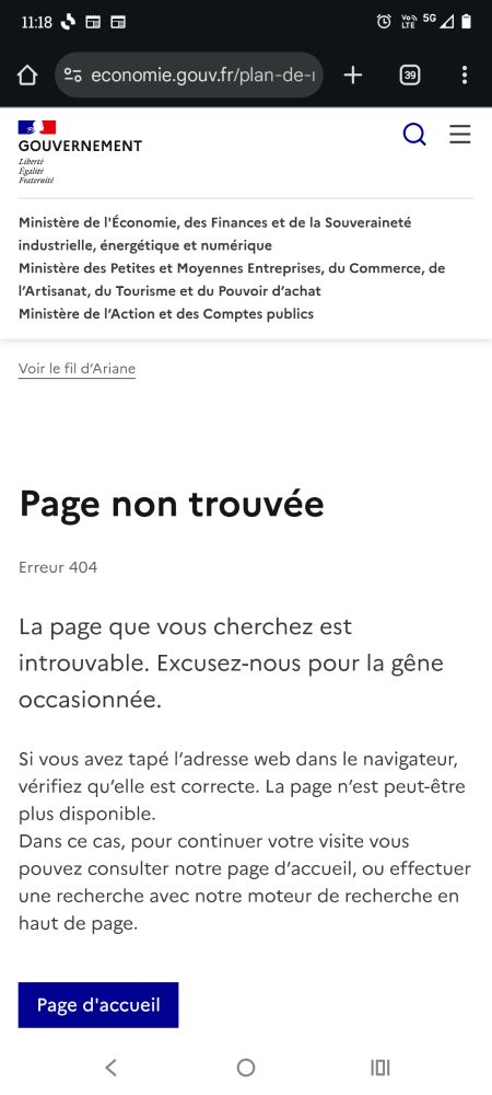 Capture d'écran montrant la page du ministère des Finances qui affiche une magnifique : 
Page non trouvée, erreur 404. 