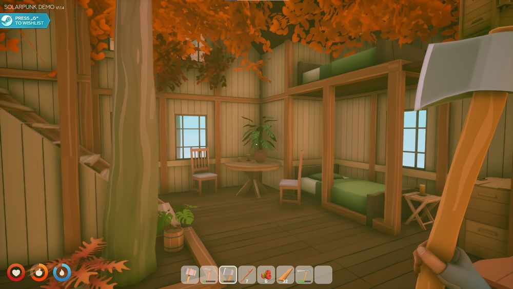 the main room of redria's house in solarpunk, featuring a large maple tree growing up through the floor. there's bunk beds, a round table with two chairs, and a stairway leading up into a loft