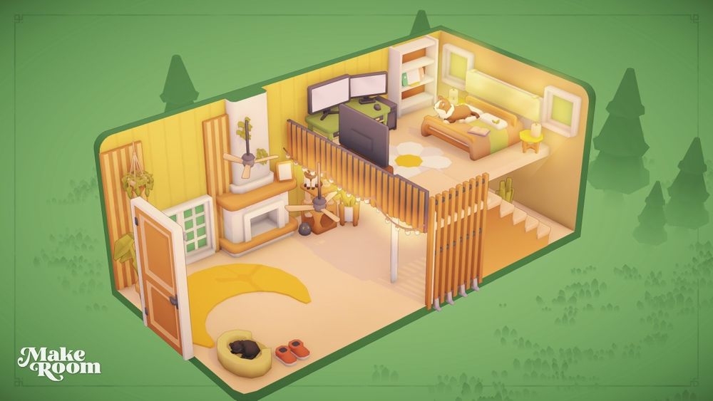 A lofted bedroom and gaming area Overtop a living room with a fireplace,and a cat tree and sofa