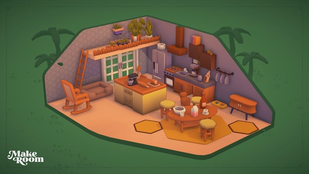 A refined, simple olive colored kitchen with counters along the wall, an island, a dining area, and a lofted seedling growing area. A dog is in the kitchen begging for snacks 