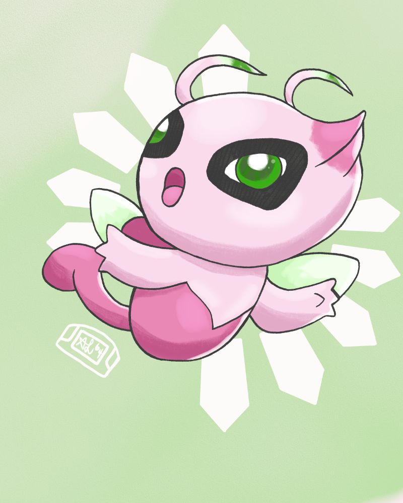 an illustration of shiny pink Celebi with bright green eyes. she is flying and looking behind her with a surprised expression. part of the time gear symbolism is behind her in the background