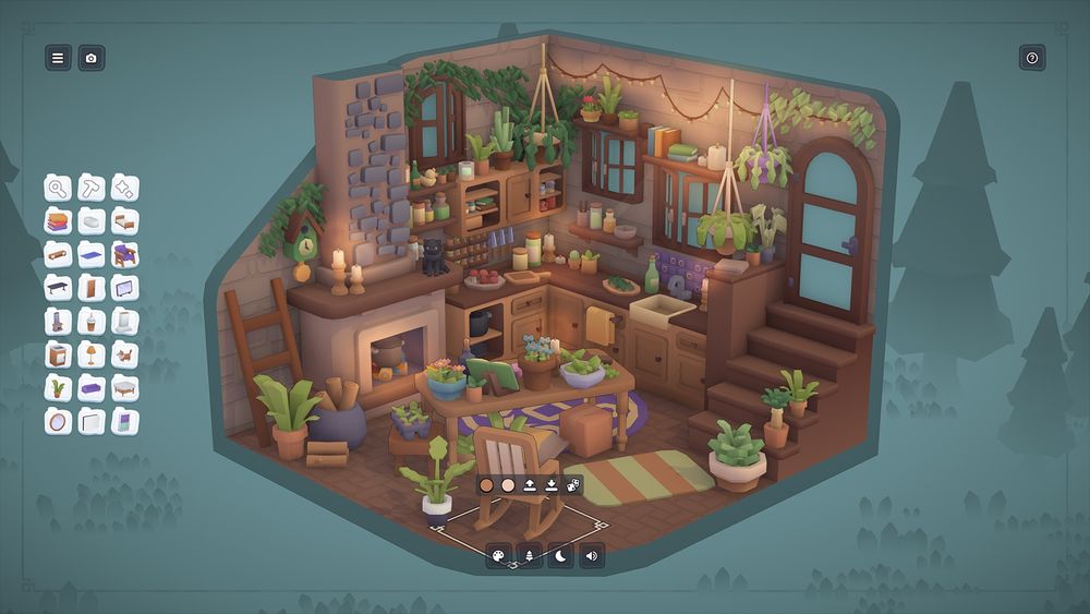 a screenshot from the game Make Room. it is a very well-decorated cozy plant room with a dining room table and fireplace