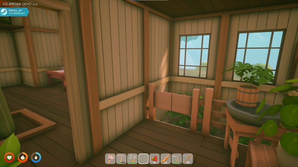 a screenshot of redria's greenhouse room in their solarpunk build, featuring a water basin, a small indoor berry garden, and lots of plants