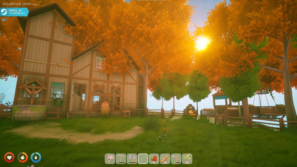 a screenshot of redria's house in solarpunk from the outside, there are lots of fences, an airship dock, and many trees