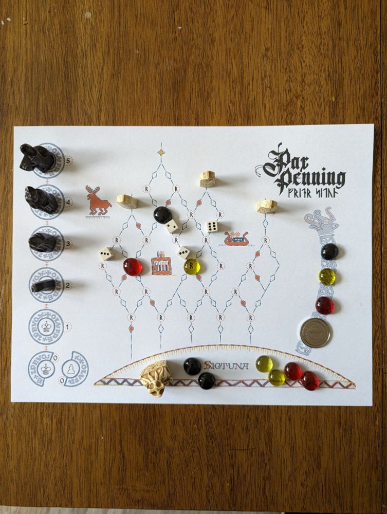 Print and play version of Pax Penning. Glass beads, chess pieces, dice, and a coin are placed on a printed sheet of paper.