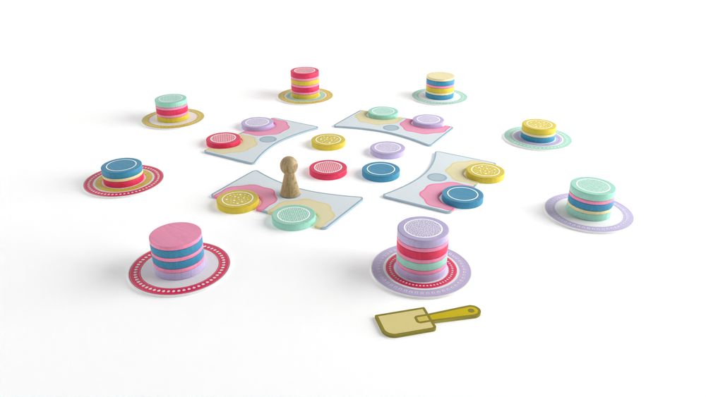 A digital rendering of Tiers of Joy. Colorful tokens are clustered in a central area with small stacks resembling layer cakes placed around the outer edge.