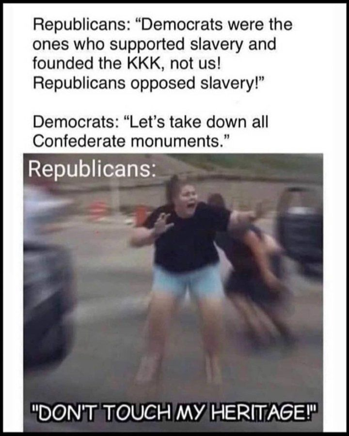 Republicans: “Democrats were the ones who supported slavery and founded the KKK, not us! Republicans opposed slavery!” Democrats: “let’s take down all confederate monuments” Republicans: “DON’T TOUCH MY HERITAGE!” The meme shows a woman with her hands up while screaming and the image is blurred around the edges.