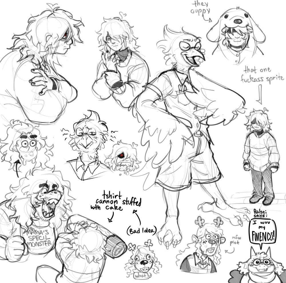 Various digital doodles of characters from deltarune doing mildly silly expressions and things. Including: Kris, Susie, Berdly, Noelle, and Ralsei. This is a lot to describe so forgive me for the lack of alt id