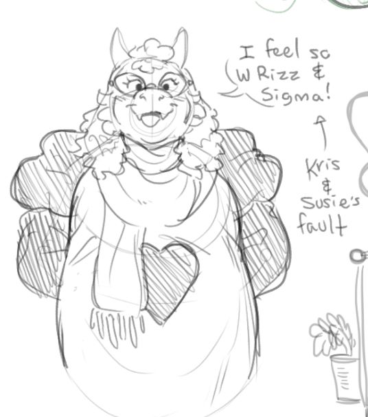 A digital sketch of Ralsei from Deltarune. He is standing with his arms behind his back, looking quite happy at the viewer. He says “I feel so W Rizz and sigma!”. An added note indicates Kris and Susie taught him this language.
