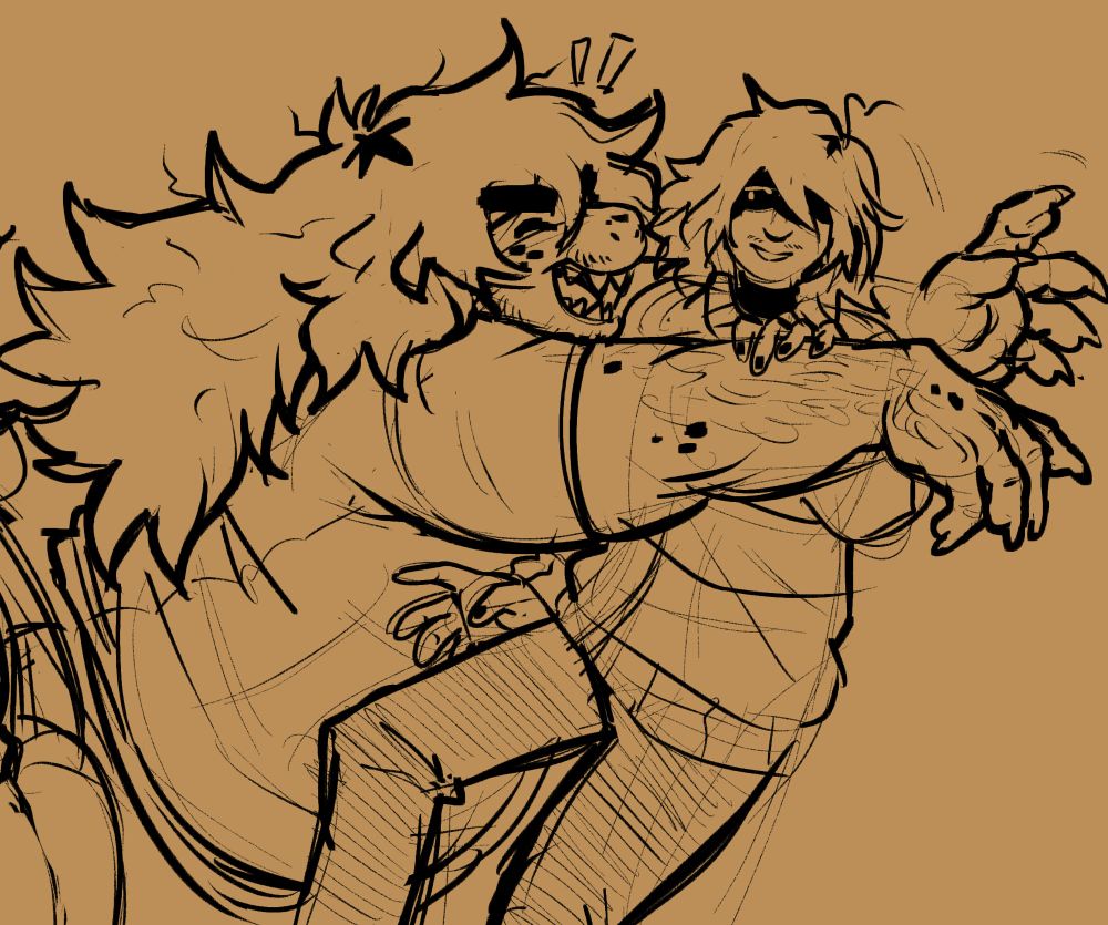 A digital sketch of susie deltarune tackle-hugging kris dreemurr