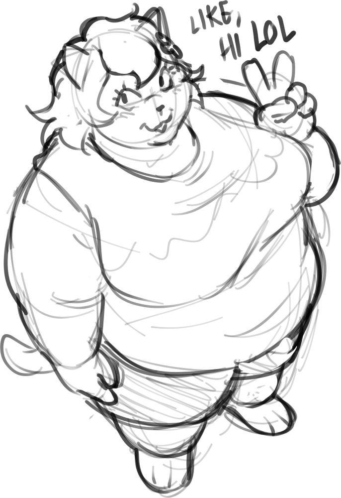 Digital sketch of an tilted overview perspective of Catty from Deltarune. She is looking up and throwing up a peace sign. She says “Like, hi LOL” Yes she says LOL out loud its why shes amazing