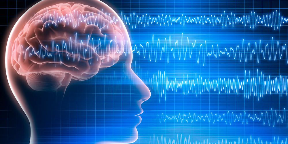 A graphic image of a human head looking inside at the brain with blue waves in the background 