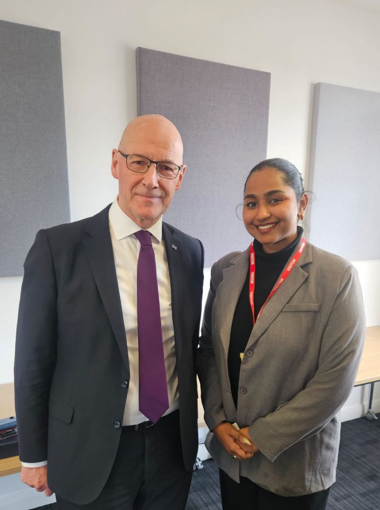 An image of First Minister of Scotland John Swinney MSP and 
Sai Shraddha S. Viswanathan, NUS Scotland President.
