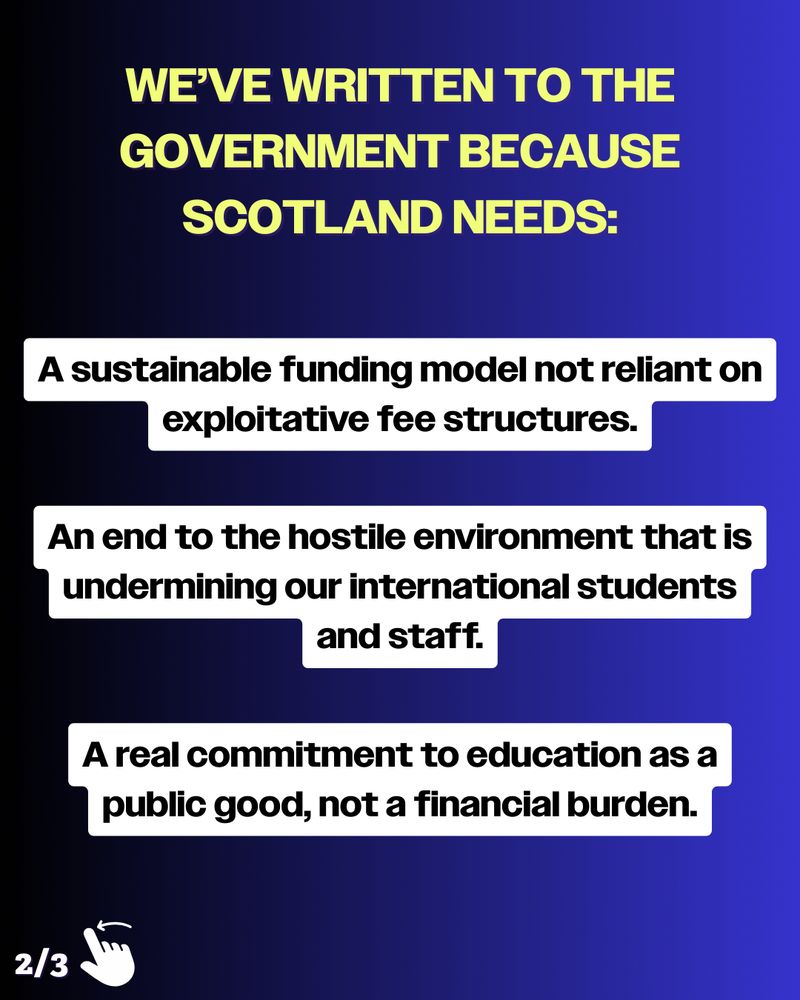 Graphic with a blue-black gradient background. Yellow and white text reads ‘We’ve written to the Government because Scotland needs:
A sustainable funding model not reliant on exploitative fee structures.
An end to the hostile environment that is undermining our international students and staff.
A real commitment to education as a public good, not a financial burden.’
In the bottom left an illustration of a hand swiping next to ‘2/3’ indicates further slides in the post.
