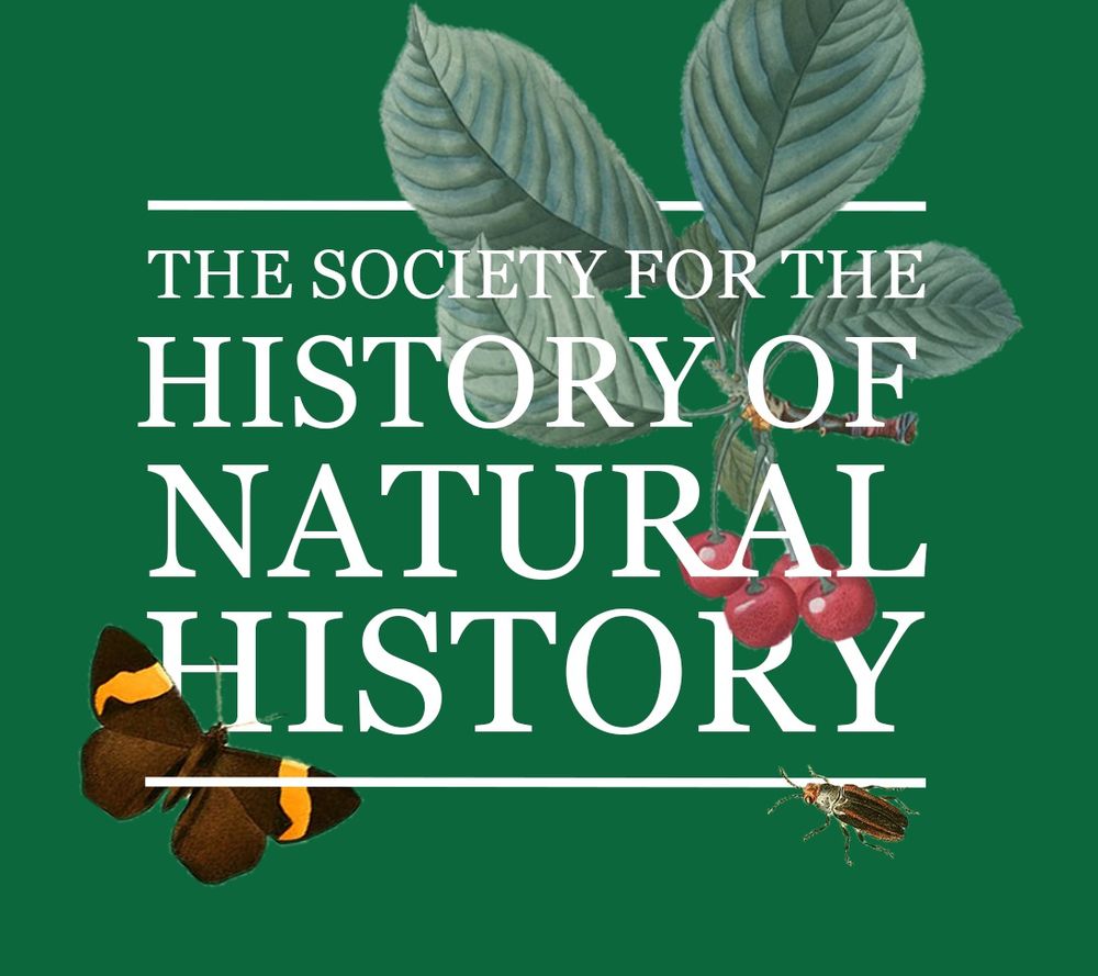 A picture of the logo for The Society for the History of Natural History super imposed with a cherry plant, a butterfly anf a beetle. 
