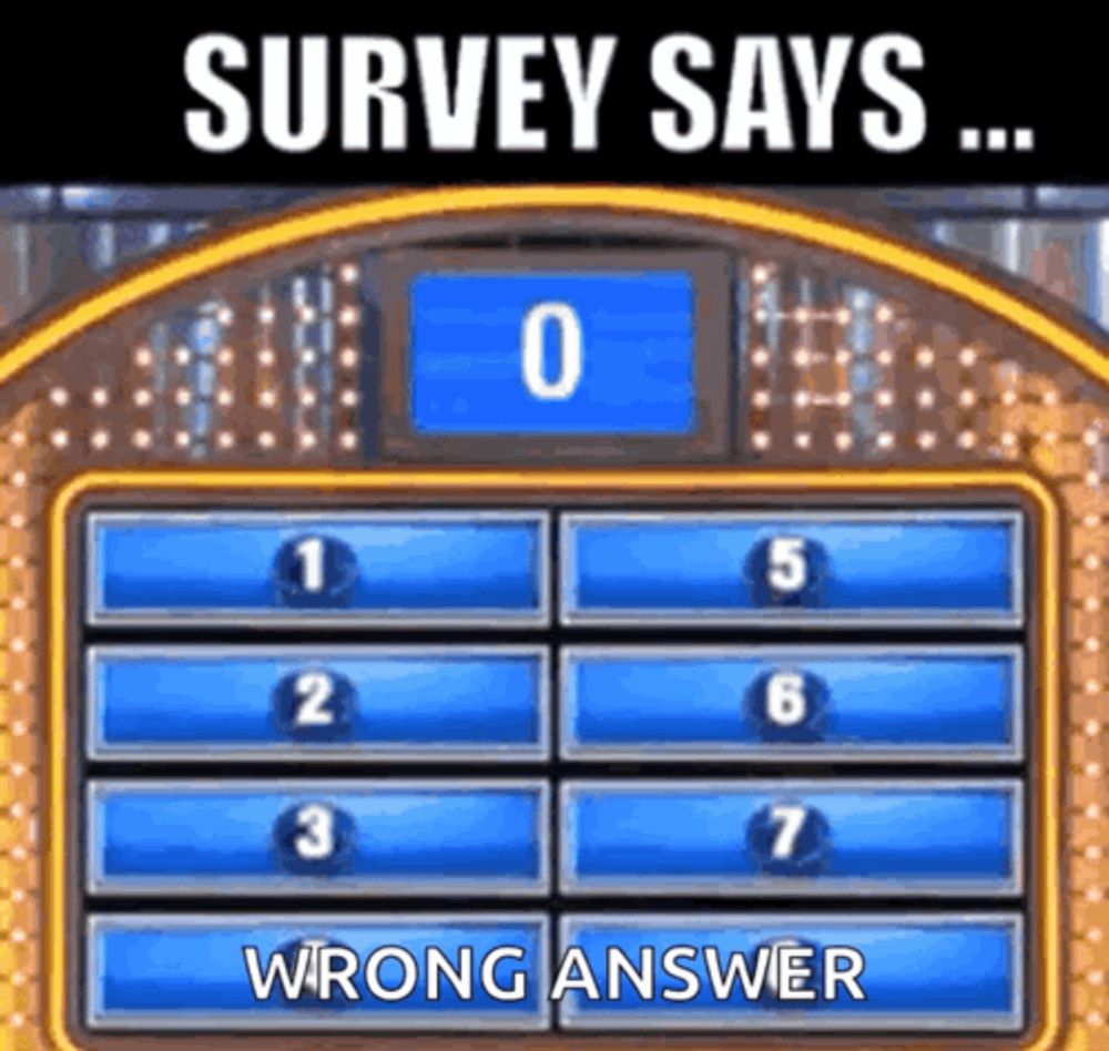 a game board with the words survey says wrong answer written on it