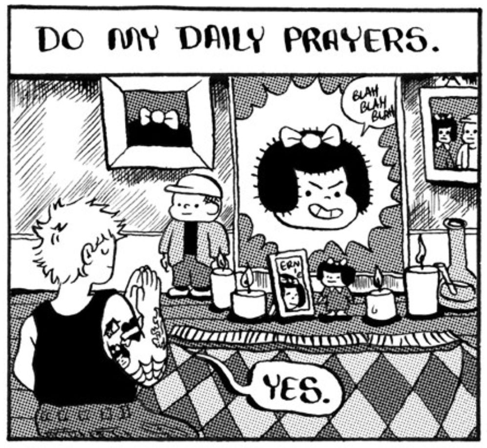 A frame from "PeePee PooPoo" #80085 where Caroline is praying before an altar of Nancy