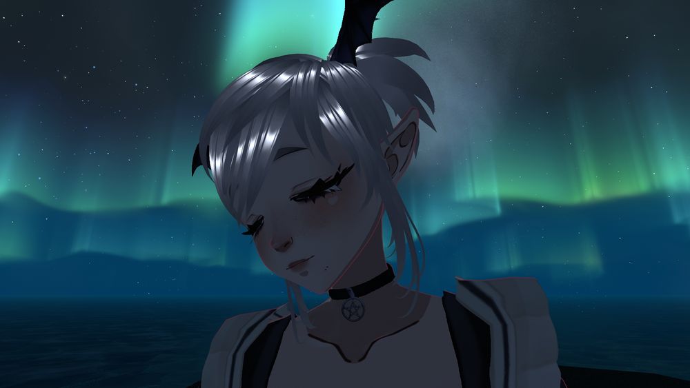 Northern lighta in the background, but the avatar has their eyes closed