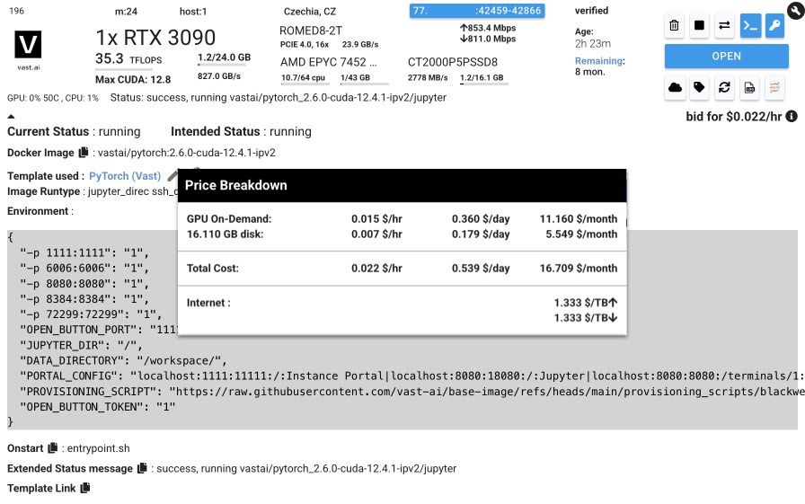 Vast.ai winning bid for 3090 time, $0.022 per hour - not guaranteed to run full time if someone outbids for the same machine.