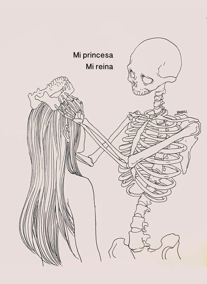 A skeleton removing his jaw to place it as a crown on the women’s head. Calling her his princess, his queen. 