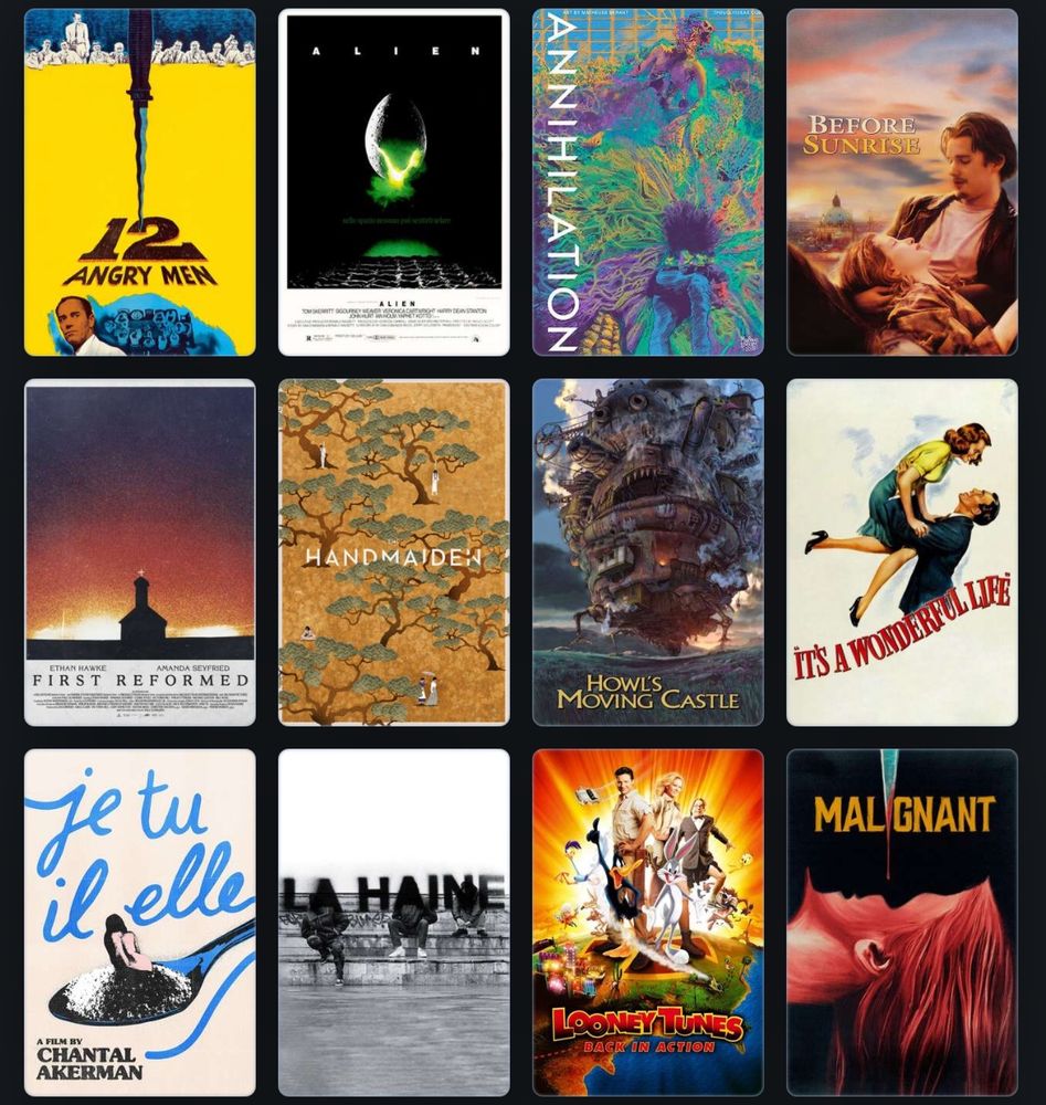 12 Angry Men, Alien, Annihilation, Before Sunrise
First Reformed, The Handmaiden, Howls Moving Castle
Je Tu Il Elle, La Haine, Looney Tunes Back In Action, Malignant